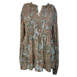 Akemi +‎ Kin Anthropologie Shirt Womens Sz XS Blue Beige Paisley Smocked Peasant